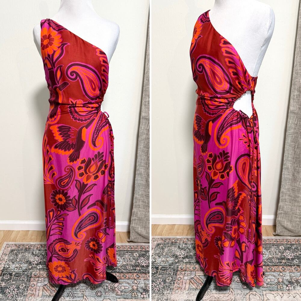 Farm Rio Womens One Shoulder Maxi Dress S Pink Orange Tropical Birds Vacation